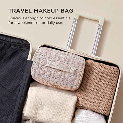 HBselect Christmas Gifts Large Quilted Makeup Bag, Cute Cotton Travel Makeup Bag with Handle, Portable Coquette Floral Make up Bags, Toiletry Organizer Make up Bags for Women Teen Girls Mom