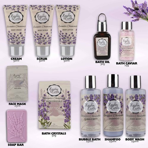 Valentines Gift Baskets for Women Spa Day! Natural Lavender Chamomile Spa Bath Sets for Women Gift Infused with Essential Oils. Sulfate Free Lavender Bath Set Spa Gift Set