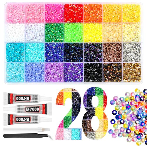 35000Pcs Resin Jelly Rhinestones for Bedazzling, 28 Colors 3mm Flatback Gems for Diamond Art, Bedazzler Kit with 3Pcs 10ml B7000 Jewelry Glue for Crafting Crafts Book Shoes Nail Art