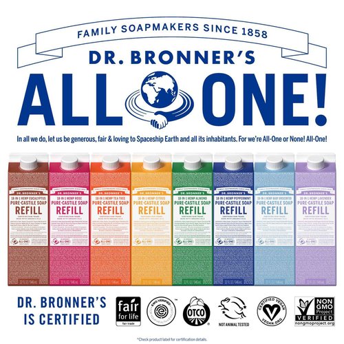 Dr. Bronner's - Pure-Castile Liquid Soap Refill, 82% Less Plastic per Quart, Made with Organic Oils, 18-in-1 Uses, For Face, Body, Hand Soap Refill, Hair, Laundry, Pets & Dishes (32oz, Almond)