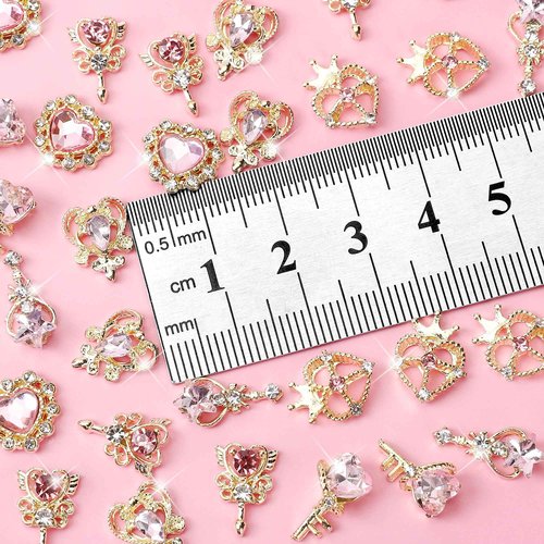 COOSLIM 30pcs Pink Heart Nail Charms - Luxury Alloy Rhinestones & Gems for Nail Art