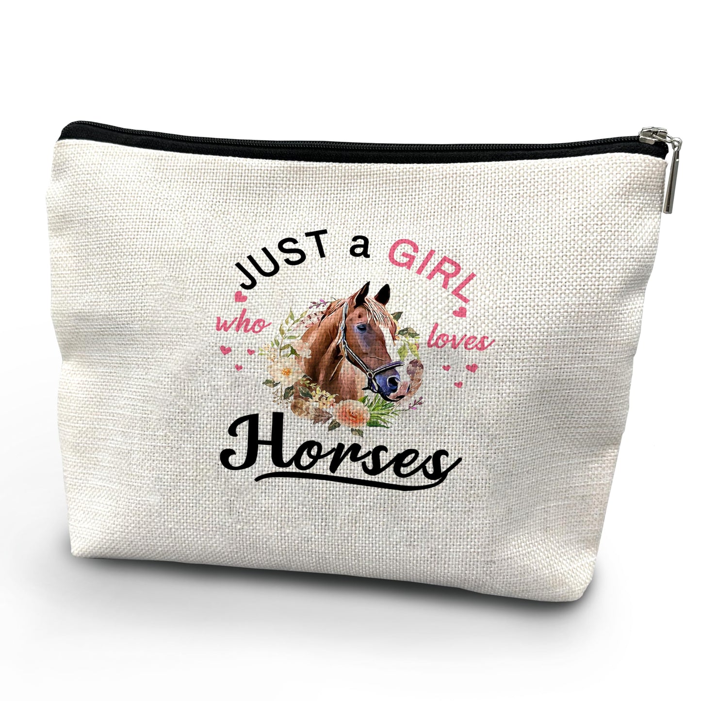 NATSUNO Horses Makeup Bag,Horses Cosmetic Bag,White Makeup Bag,Just A Girl Who Loves Horses Make Up Bag,Floral Makeup Bag,Girls Makeup Bag,Makeup Bag For Girls