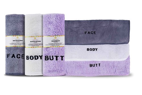 Crafty Cloth 6-Piece Washcloth Set – Face, Body, Butt Cloths | 3 Distinct Textures | Ultra-Soft, Rigid Exfoliation, and Hygiene Cloths for Sensitive Areas (Gray,White,Purple, Embroidered 6-Piece Set)