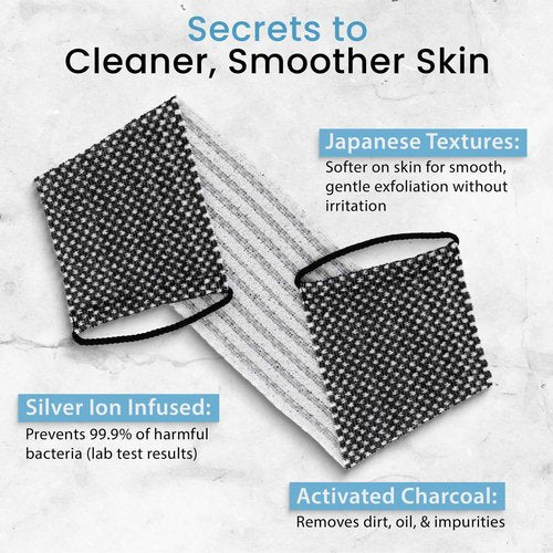 SHOWER BOUQUET Charcoal-Loofah XL 4-Pack & Japanese-Exfoliating-Washcloth 2-Pack for Back & Body // 4 Extra Large Bath Sponges Plus Silver Ion Infused Exfoliating Towel with Handles, 2 Charcoal White