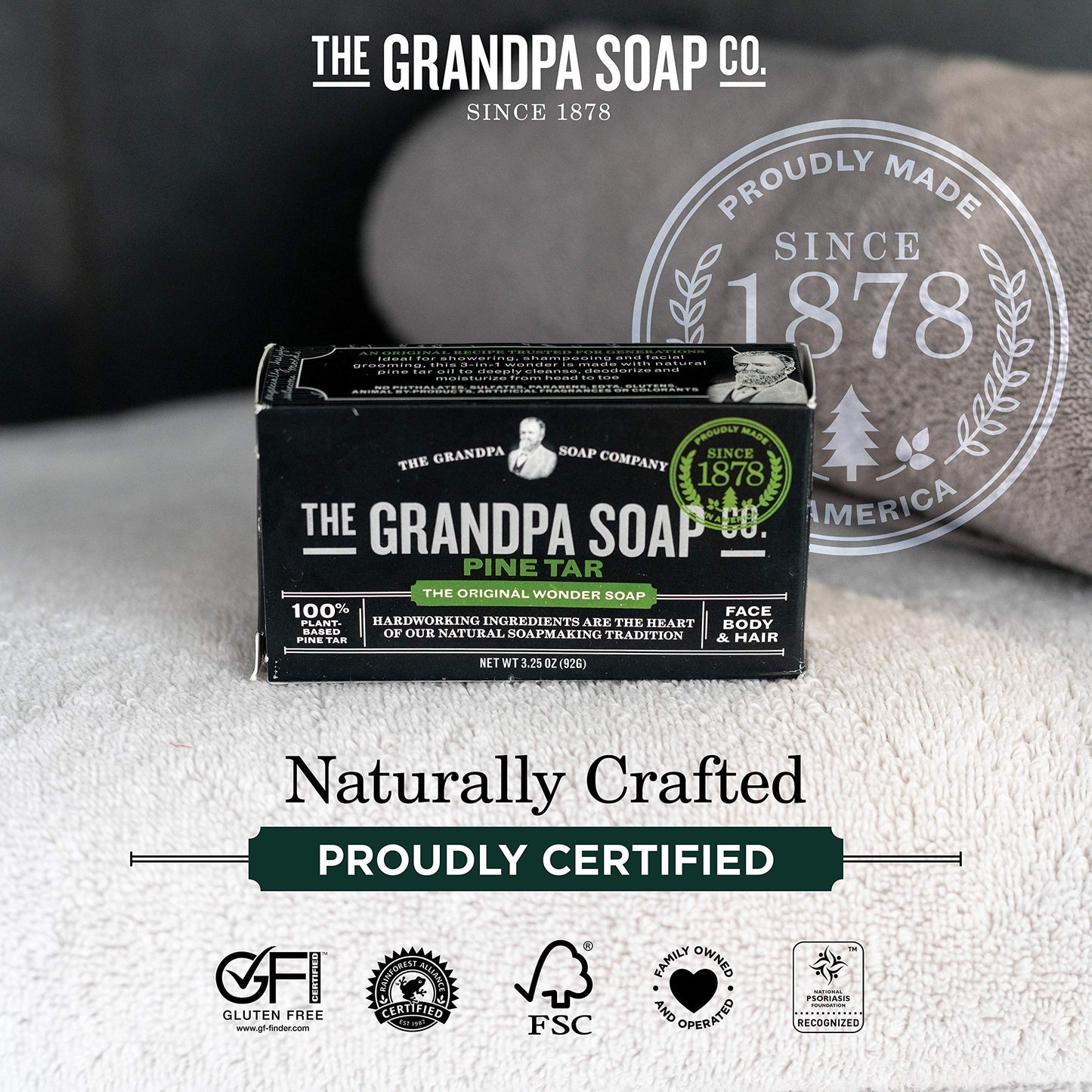 The Grandpa Soap Company Pine Tar Bar Soap for Men- Made With 100% Plant-Based Pine Tar Oil, 3 in 1 Cleanser Deodorizer and Moisturizer, Dermatologist Tested, Safe for Sensitive Skin, 3.25 Oz, 3 Pack