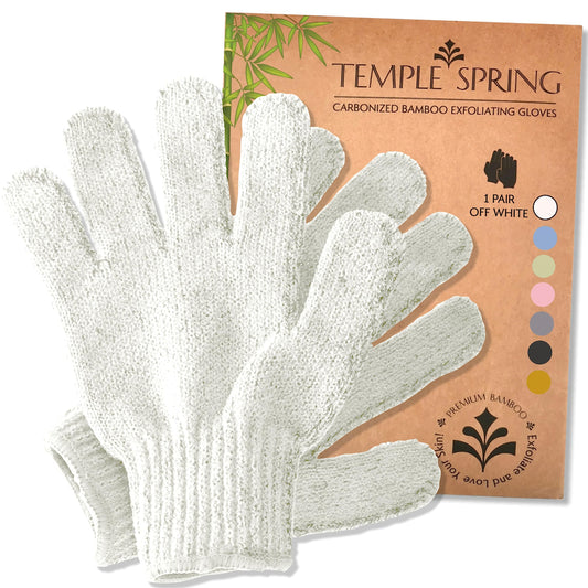 Temple Spring Exfoliating Gloves - Rayon Bamboo Bath/Shower Gloves, Bath Gloves for Shower Exfoliating and Ingrown Hair/Dead Skin Remover - Exfoliator Mitt Scrub Gloves - Off-White