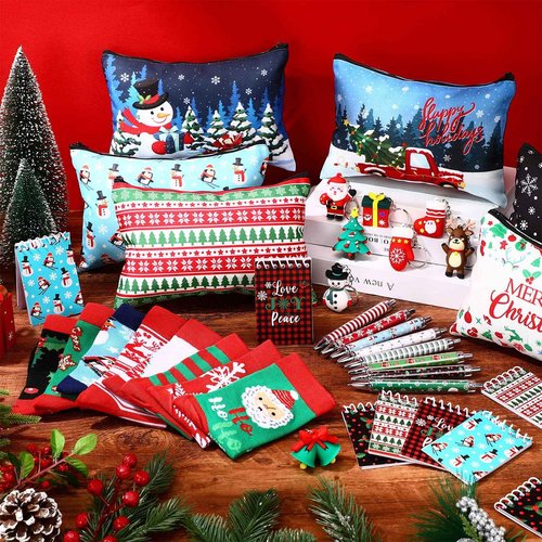 Dansydaisy 32 Pcs Christmas Gifts Set Christmas Makeup Bags Bulk Santa Socks Holiday to Do List Notepad Snowman Ballpoint Pens Keychain Xmas Party Winter Gifts