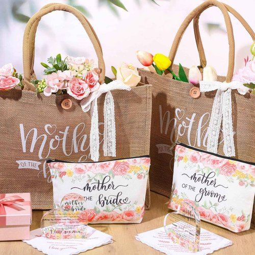 Hushee 2 Set Mother of Bride and Groom Gifts Set Includes Handbag Canvas Makeup Bag Acrylic Heart Decoration Wedding Handkerchief for Mom Mother in Law Bridal (Flower)