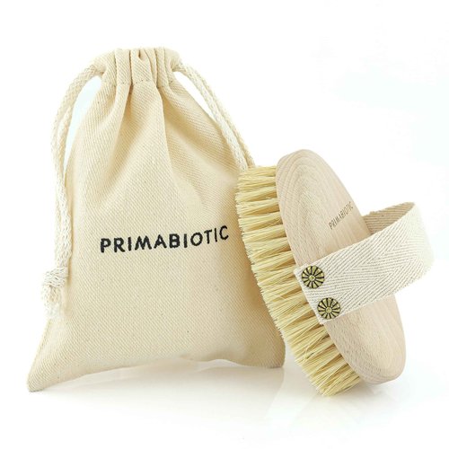 Primabiotic Body Massage Brush with Pouch – Eco-Friendly Product from Europe – Beech Wood & Agave Fibers – Oval Handle with Cotton Strap – Ideal for Dry Massage and Cellulite Reduction