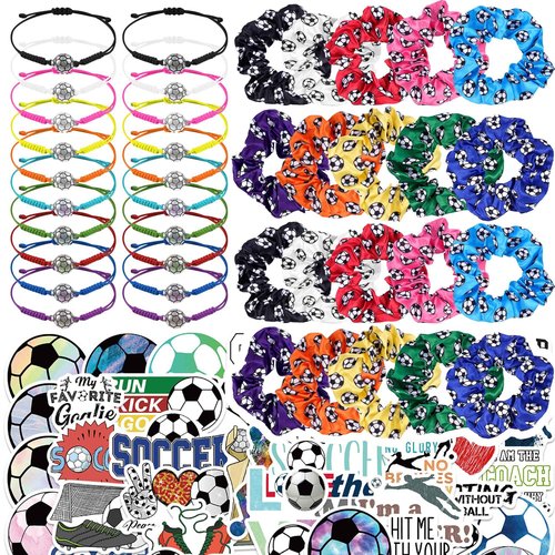 Kolewo4ever Soccer Party Favor Set with 20 Pcs Satin Soccer Scrunchies Hair Ties,20 Pcs Adjustable Soccer Bracelet and 100 Pcs Soccer Stickers Soccer Birthday Party Decoration for Sports Themed Party