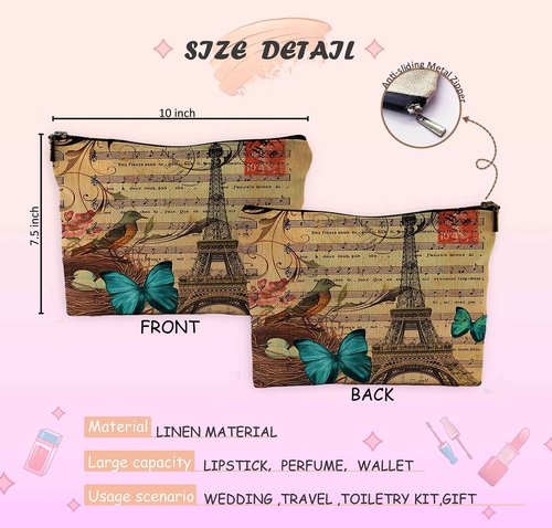 NEGIGA Modern Vintage Paris Eiffel Tower Floral Bird Butterfly Botanical Art Makeup Bag Travel Cosmetic Bags,Rustic French Style Cosmetic Bags with Zipper Pouch Travel Toiletry Case