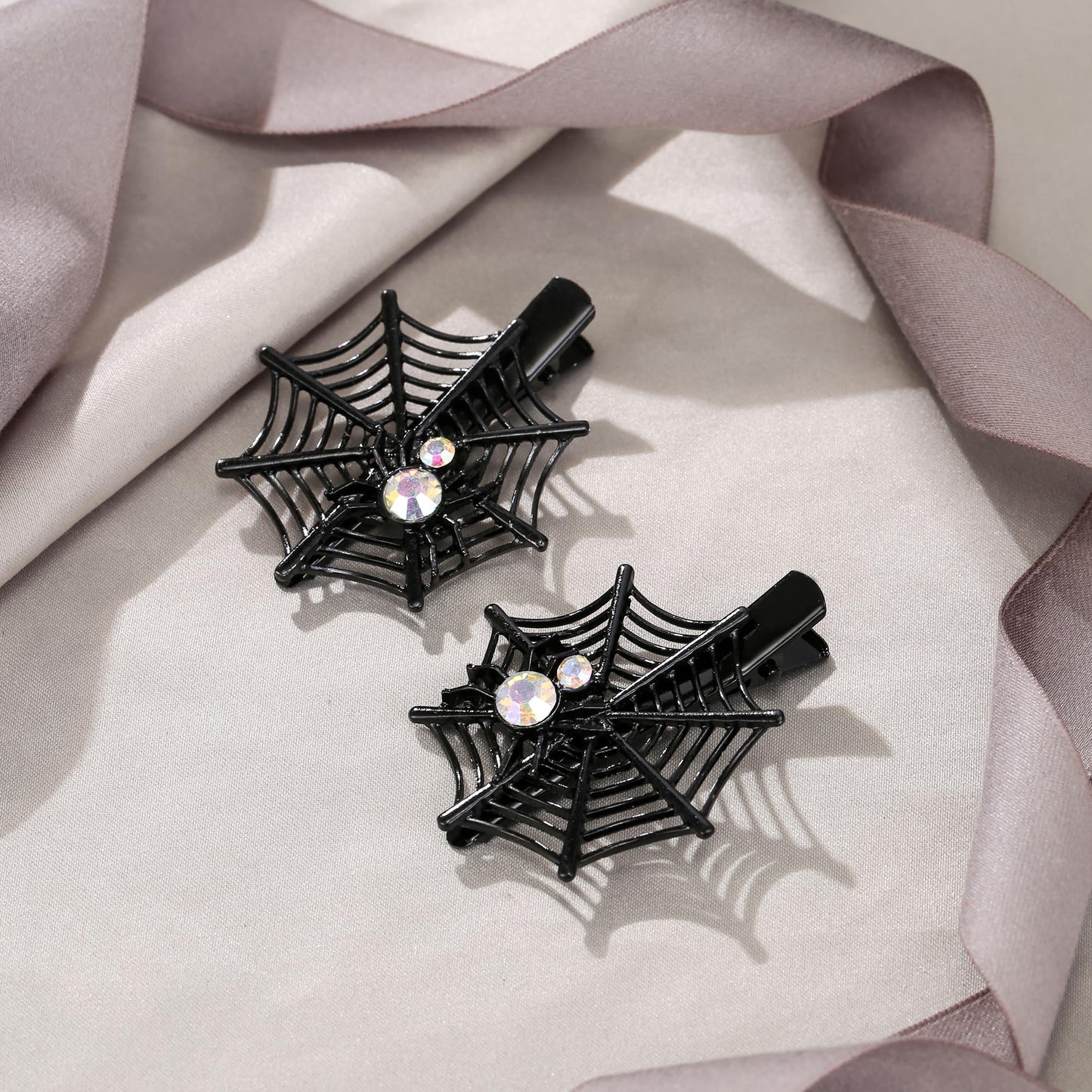 EVER FAITH 2 Pcs Halloween Hair Accessories Crystal Spider Web Hair Clip Pin Cosplay Party Gothic Animal Jewelry for Women Iridescent AB Black-Tone