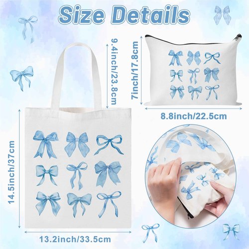 Y1tvei Blue Bows Canvas Bags - 2Pcs Cute Blue Coquette Aesthetic Tote Bag with Inner Pocket, Reusable Grocery Folding Shopping Bag, Bow Knot Zipper Makeup Pouch Gifts for Women Girls Daughter Mother