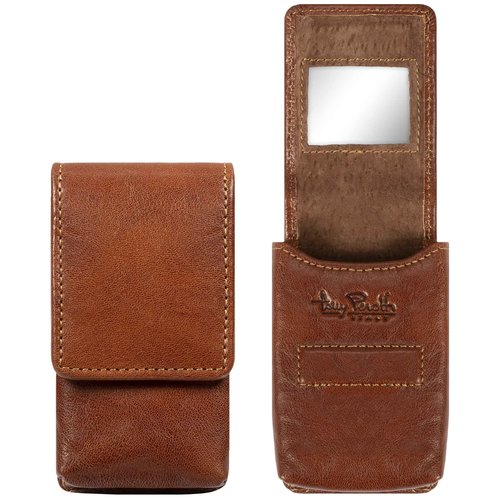 Tony Perotti Womens Italian Bull Leather Top Flap Double Lipstick Case with Mirror in Cognac