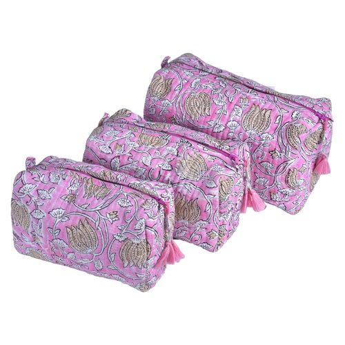 Vivanta Quilted Makeup Bag Set 3 Pcs – Travel Toiletry Bag for Women, Small Cosmetic Bags, Toiletries Organizer, Make Up Travel Pouch, Portable Toiletry & Floral Block Print Makeup Bags for Travel