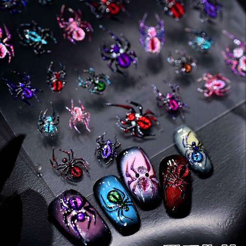Dark Gothic Halloween Nail Stickers 3D Realistic Evil Spiders & Bloody Spider Web Self-Adhesive Nail Art Decoration for Women Girls Halloween Party
