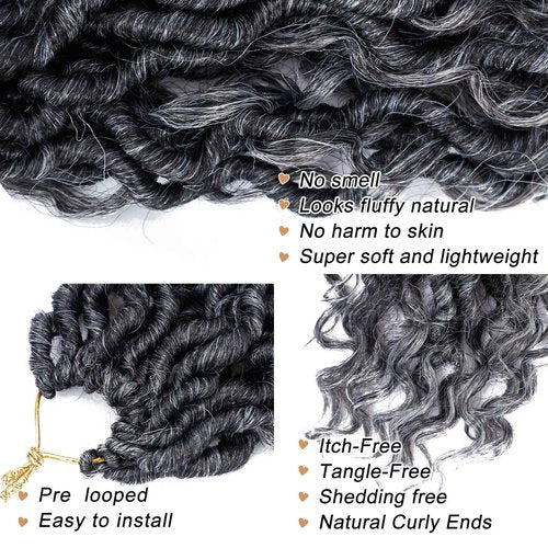LIYATE Goddess Locs Crochet Hair 14 Inch 6 Packs Faux Locs Crochet Hair for Black Women Pre Looped Soft River Locs Crochet Braids with Curly Hair Bohemian Hippie Locs Hair Extensions(T1B/Gray)