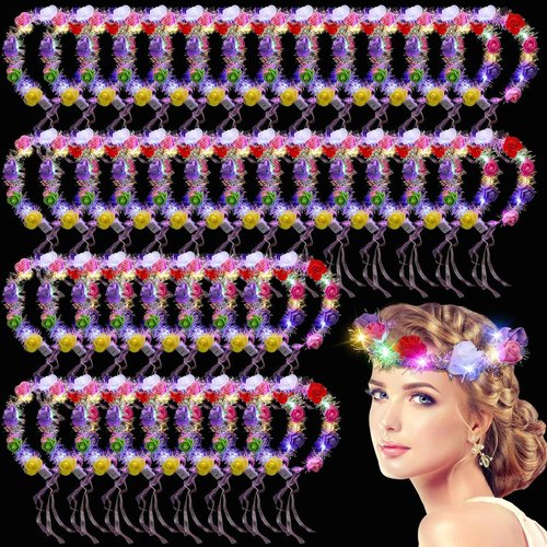 Syhood 40 Pcs LED Flower Headband, Light up Flower Crown Garland Headdress Floral Headpiece for Women Hair Accessories Bridal Shower Holiday Birthday Wedding Party(Rose Style)