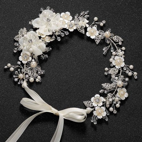 SWEETV Flower Girl Headpiece Ivory Tulle Flowers Wedding Headband for Girls, Princess Pearl Hair Accessories for Birthday Party, First Communion