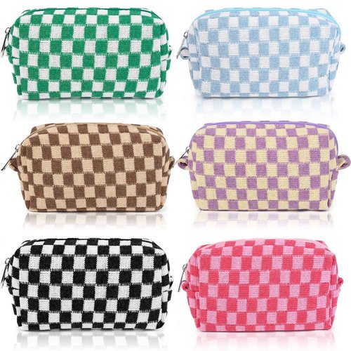 SOIDRAM 6 Pcs Checkered Makeup Bag Preppy Cosmetic Bag Bulk Pink Black Makeup Pouch Personalize Travel Toiletry Bag Organizer Cute DIY Makeup Brushes Storage Bag for Women