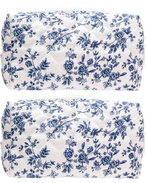 PAZIMIIK 2PCS SET Vintage Quilted Makeup Bag Cosmetic Pouch for Brushes Pencils and Travel Make Up Accessories for Women and Girls Jouy Blue