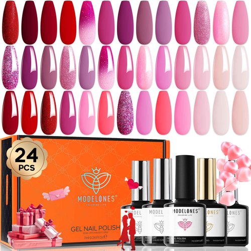 Modelones 24 Pcs Gel Nail Polish Kit, Hot Pink Gel Nail Polish Set Pastel Paradise Girly Nail Polish Red Glitter Soak Off Gel Nail Kit with Bond Primer Glossy & Matte Top Coat Base Coat Nail Art Gifts