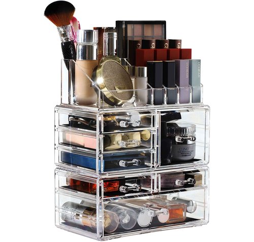 Clear Acrylic Makeup Organizer for Vanity,Countertop,Stackable 7 Drawers Bathroom Skincare Organizer with Brush Holder,Large Skin Care Organizer for Jewelry,Beauty Product Lipsticks,Nail Polishes