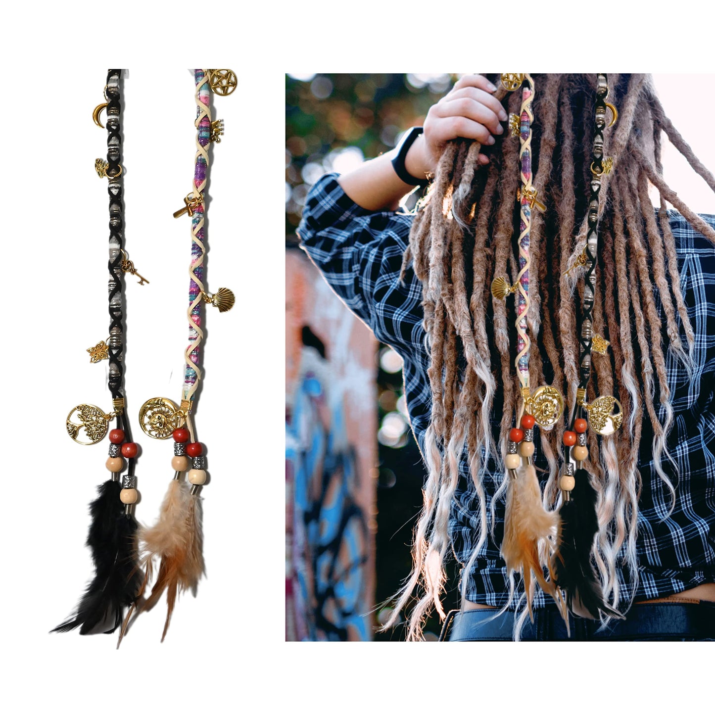 Nutty Natte 2 PCS Hippie Hair Extension Dreadlocks Hairclip Feather Beads Pendant Dread Wrap Hair Fall Hair Wrap Colorful Accessories for Dreads Braids Curls