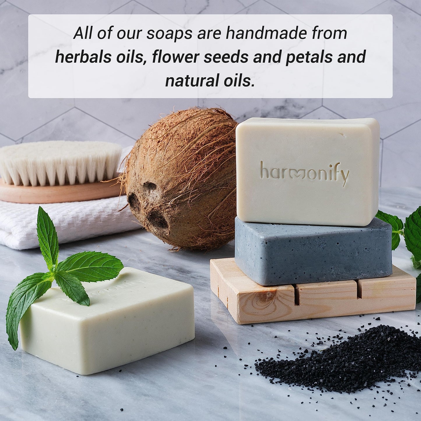 HARMONIFY All Natural Set of 3 Soap Bars, Mint, Coconut, Actived Charcoal with Wooden Soap Dish, Assortment of Hand-Made Soaps, Skin Revitalizing, Moisturizing, Healthy, Made in Europe