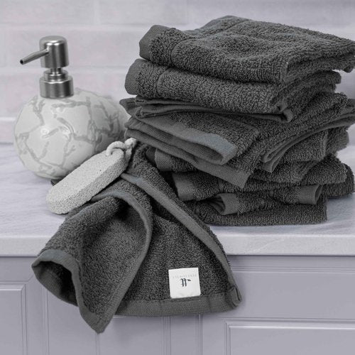 Tens Towels Pack of 24 Washcloths, 12 x 12 Inches, Lighter Weight, Quick to Dry, Super Soft & Absorbent, Gentle Face Towels, Hotel Quality, Perfect for Bathroom, Gym, Spa (Dark Grey, 24 Pack)