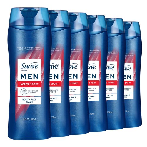 Suave Men Moisturizing Body & Face Wash, Energizing Sport with Bergamot & Wood Scent, No Parabens, No Phtahaltes, 18 Oz Pack of 6