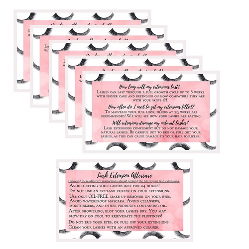 Boutique Marketing LLC Lash Extension Aftercare Instructions Card | 100 Pack | Size 3.5x2 inches After Care (2-3 Week Fillers) | False Lash print with Bubbly Pink Inlay Design (Lash Extension