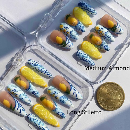 Handcrafted Press On Nails Italian Vacation Style Lemon & Blue Ceramic Pattern 100% Handmade Realistic Artistic Fake Nails With Adhesive Glue Tabs And Tool Gifts For Women (Lemon,Medium M)
