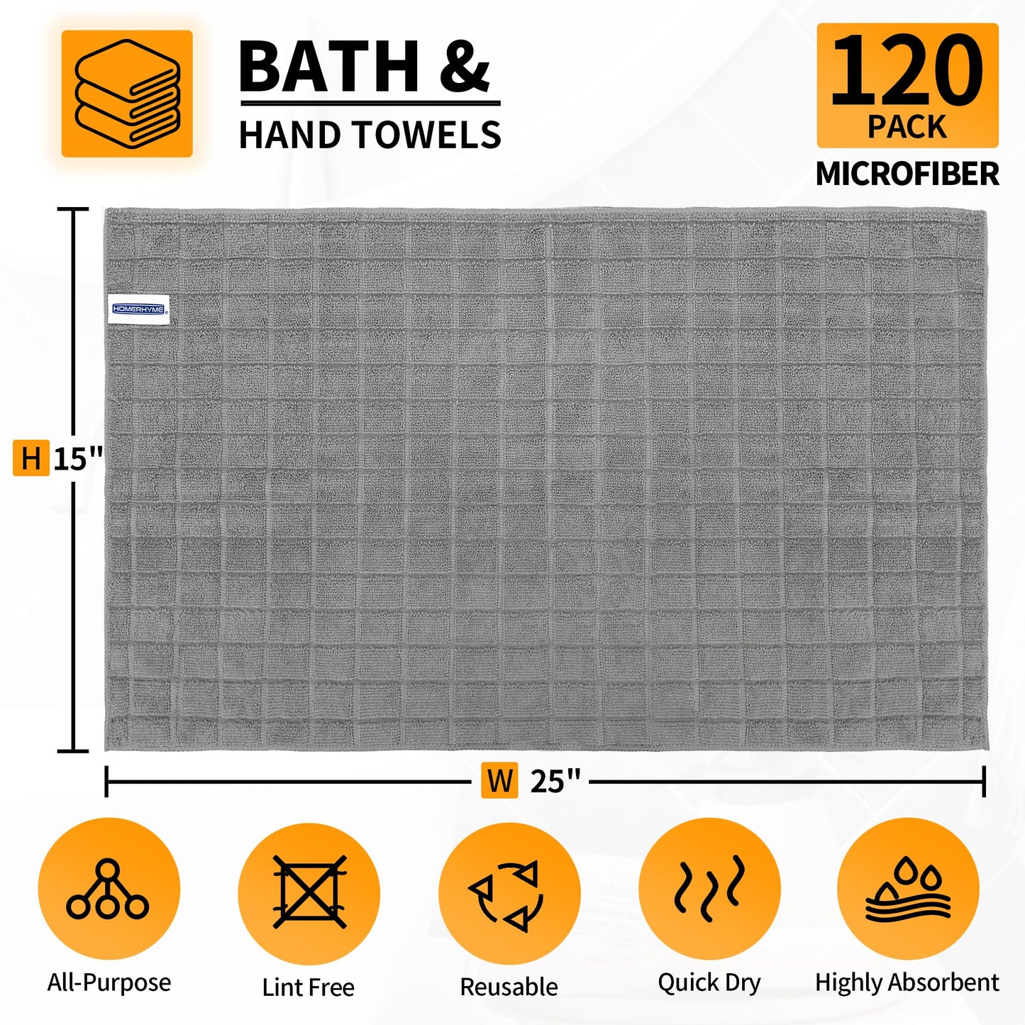 HOMERHYME Microfiber Hand Bath Towels, 120 Pack 25''*15'' Grey Bathroom Hand Towels, All-Purpose Quick Dry Lint Free Soft Absorbent Checkered Washcloth Fingertip Towels Bulk for Travel Gym Hotel