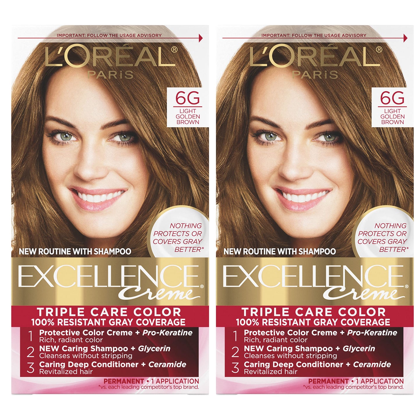 L'Oral Paris Excellence Crme Permanent Hair Color, 6G Light Golden Brown, 2 COUNT 100% Gray Coverage Hair Dye