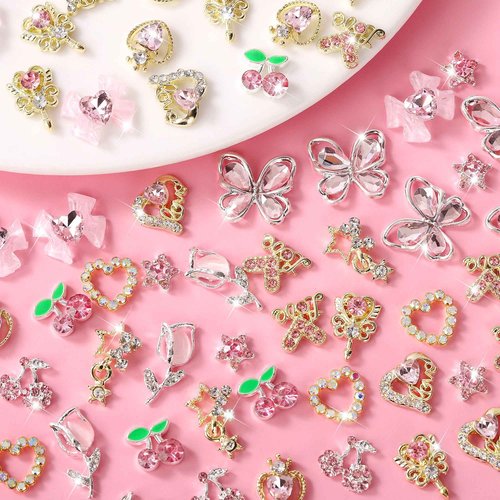 60 Pcs Nail Charms Y2k Alloy Nail Art Charms 3D Gold Heart Star Bow with Rhinestones Pink Cherry Tulips Nail Gems Shiny Jewelry Nail Decorations Accessories Supplies 3