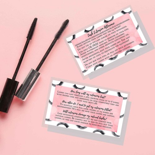 Boutique Marketing LLC Lash Extension Aftercare Instructions Card | 100 Pack | Size 3.5x2 inches After Care (2-3 Week Fillers) | False Lash print with Bubbly Pink Inlay Design (Lash Extension