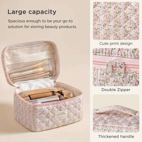 HBselect Christmas Gifts Large Quilted Makeup Bag, Cute Cotton Travel Makeup Bag with Handle, Portable Coquette Floral Make up Bags, Toiletry Organizer Make up Bags for Women Teen Girls Mom