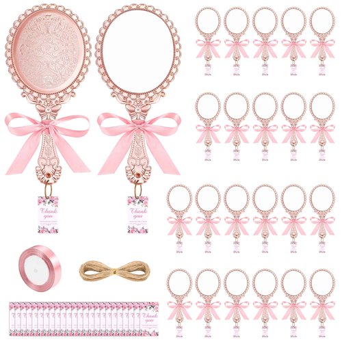 24 Set Vintage Handheld Mirror Large Handheld Compact Mirror with Ribbon and Thank You Tags Travel Makeup Mirror Hand Mirror Vintage for Quinceanera Wedding Princess Party Favors for Guests(Rose)