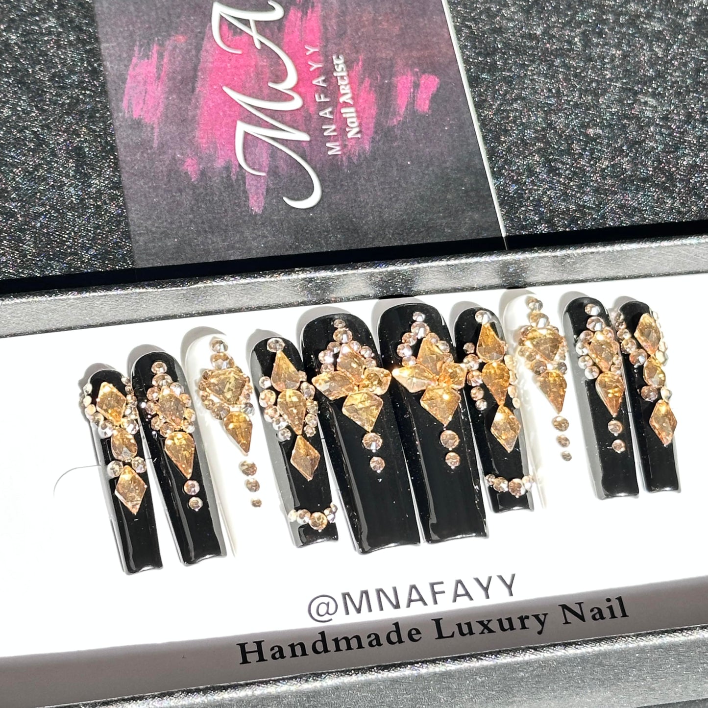 MNAFAYY 100% Handmade Nails 3D Rhinestone Crystal Extra Long Press On Nails Full Cover Luxury Gems Gorgeous Reusable UV Finished Fake False Nails Acrylic Nail Kit With Box Gifts for Women Black L