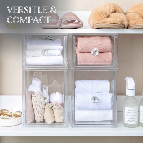 Oizeir Clear Drawer Organizers - Acrylic, Durable, Stackable, Pull-Out Drawer. Great for Medicine, Cosmetics, Makeup and Bathroom Organization. (4.5" High | 2-PACK)