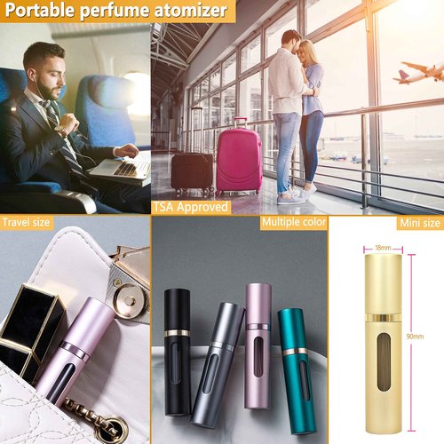 ANTOKX Perfume Travel Refillable Atomizer - 3-Pack 5ML Pocket Perfume Bottle, Travel Perfume Atomizer Refillable Perfume Spray Bottle, Portable Perfume Sprayer (Black & Gold & Silver)
