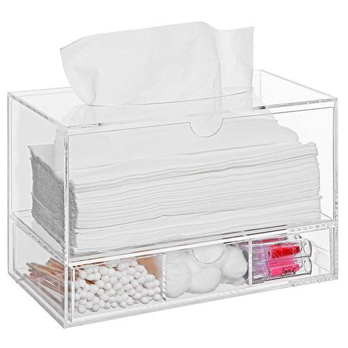 MyGift Modern Clear Acrylic Facial Tissue Dispenser Holder with Pull-Out Drawer for Makeup Cosmetics and Accessories, Vanity Countertop Bathroom Supplies Caddy