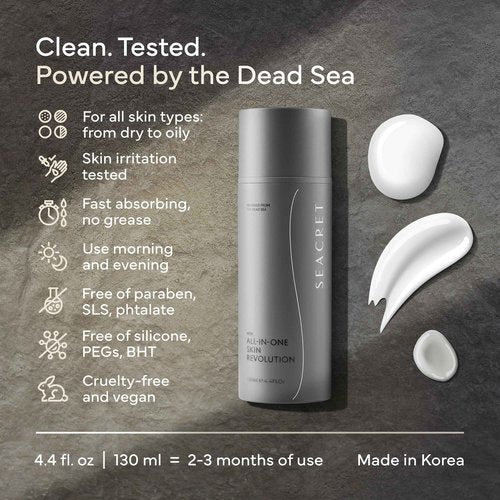 SEACRET Men's All-in-One Face Cream, 7-in-1 Day & Night Moisturizer, Non-Greasy, Anti-Aging formula with Dead Sea Minerals to Hydrate Skin and help Reduce Wrinkles, Dark Spots & Puffiness. 4.4 Fl.Oz.