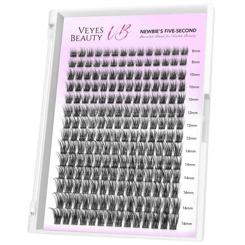 VEYESBEAUTY Lash Clusters Individual Eyelash Extensions Thin & Invisible Band DIY False Eyelashes for Self-application Newbie's Five-Second Series Wispy Lash Tray, Dreamy 8-16mm Mixed Length