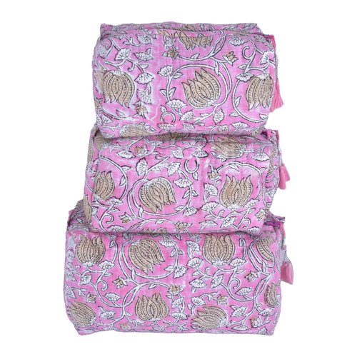 Vivanta Quilted Makeup Bag Set 3 Pcs – Travel Toiletry Bag for Women, Small Cosmetic Bags, Toiletries Organizer, Make Up Travel Pouch, Portable Toiletry & Floral Block Print Makeup Bags for Travel