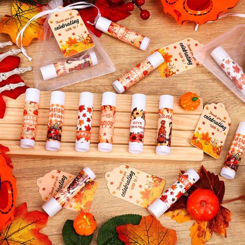 QAUYETM 50 Set Thanksgiving Gifts Lip Balms Bulk Fall Party Favors 6 Assorted Flavors with Cards Autumn Pumpkin Maple Leaf Chapstick Thanksgiving Gifts for Women Men Coworkers