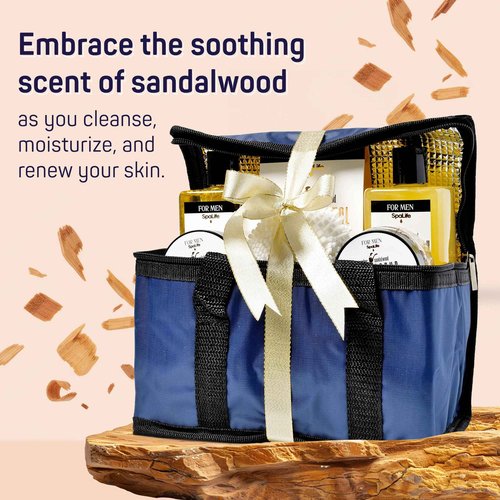 SpaLife Luxury Spa Skincare Sandalwood Gift Set for Men | Mens Body Wash Gifts | Mens Gift Set for Bath and Body | Christmas Gifts for Men | Cleansing, Moisturizing, Exfoliating | 7-Piece Bundle