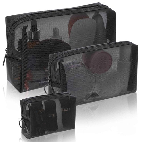 Wanmu 3Pcs Mesh Makeup Bags, Mesh Cosmetic Bag, Portable Toiletry Bag, Travel Organizing Zipper Pouch, Toiletries Makeup Pouches, Black Breathable Mesh for Home Office Travel Accessories