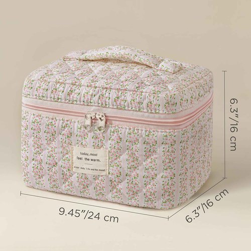 HBselect Christmas Gifts Large Quilted Makeup Bag, Cute Cotton Travel Makeup Bag with Handle, Portable Coquette Floral Make up Bags, Toiletry Organizer Make up Bags for Women Teen Girls Mom